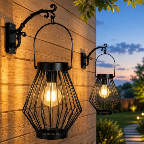 Solar Lanterns Outdoor Waterproof, 2 Pack Metal Decorative Hanging Lantern Lights with Warm White LED Bulb, Solar Powered Patio, Yard & Garden Decor, Ideal for Housewarming & Christmas Gifts