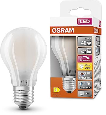 OSRAM Lampada LED SUPERSTAR+ CLASSIC A GLFR 40, E27, goccia, 3.4W, 470lm, 2700K, luce bianca calda, componente blu e affaticamento visivo notevolmente ridotti, dimmerabile, basso consumo energetico