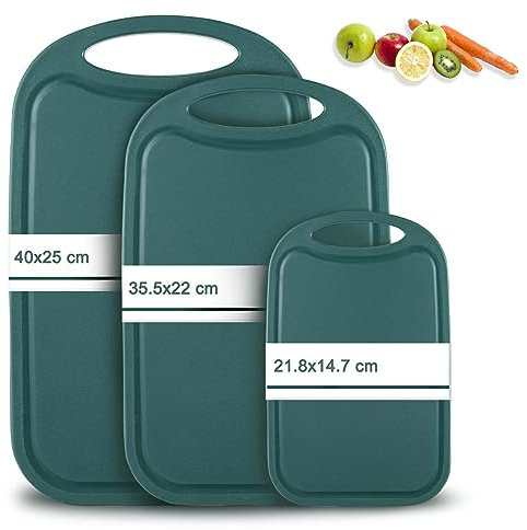 Schneidebrett Kunststoff, Hunnycook 3-tlg Schneidebrett Set mit Saftrillen und rutschfeste Griffe, Antibakteriell Schneidebretter/Frühstücksbrettchen kunststoff Green, BPA-frei, Spülmaschinenfest