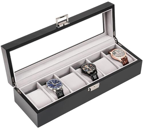 ProCase Uhrenbox mit 6 Fächern, hölzerne Uhrenkasten mit Glasdeckel, Uhrenkoffer mit Uhrenkissen, Uhrenaufbewahrung Watch Box für Herren Uhrenorganizer mit Glasdeckel - Schwarz