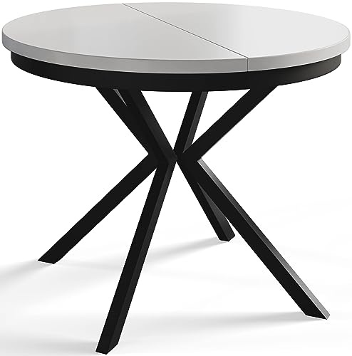 Esszimmertisch BERGO, Durchmesser: 100-180 cm, Weiß, Schwarz Beine | Runder Tish, Ausziehbarer Tisch, Wohnzimmertisch mit Metallbeinen