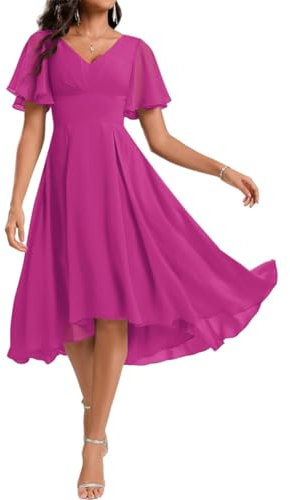 WSEYU Vestido de fiesta de dama de honor hasta la rodilla para jóvenes, cuello en V, plisado, gasa, noche, formal, gala, vestido de jardín, fucsia, 42