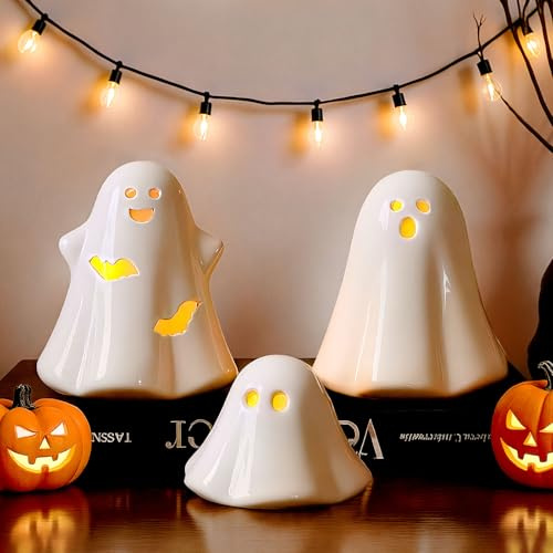 Halloween Decorations Big Ceramic Ghost Figurines: 3ct Spooky Light Up Ghost Decor with LED Lights, Cute Pastel Farmhouse Table Tiered Tray Fireplace Halloween Decor for Kids Home Office Party
