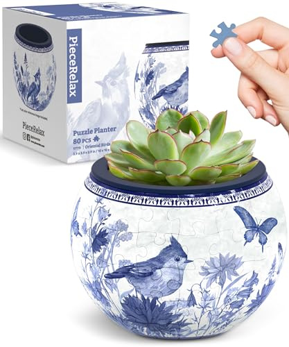PieceRelax 3D Puzzle Planter - Oriental Birds and Flowers, 80 Piece DIY Plant Pot for Cactus & Succulents with Drainage, Unique Home & Office Decor [K1115]