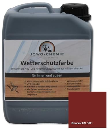 JOWO-CHEMIE Peinture de protection contre les intempéries (5 kg) Peinture pour bois, clôture, jardin sur bois de toutes sortes, Grand choix de couleurs Peinture acrylique (marron rouge RAL 3011)