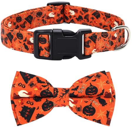 JEKUGOT Halloween Dog Collar, with Halloween Dog Bow, Adjustable Dog Collars for Small Medium Large Dogs,Durable Adjustable and Comfortable Collar (Orange-M)