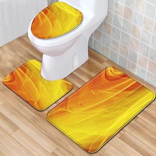 Bad Teppiche Set 3-Teiliges Gelb Orange Linien WC Vorleger Mit Ausschnitt Badematte Saugfähig WC Deckelbezug Badvorleger rutschfest Waschbar Toilettensitzbezug Badgarnitur (45x75cm)