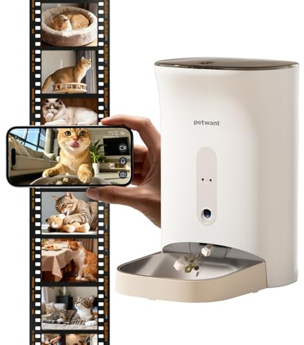 Dispensador automático de comida para gatos con cámara, 4.3L dispensador automático de alimento para mascotas, dispensador dual de energía, alertas de movimiento y sonido, WiFi 5GHz y visión nocturna.