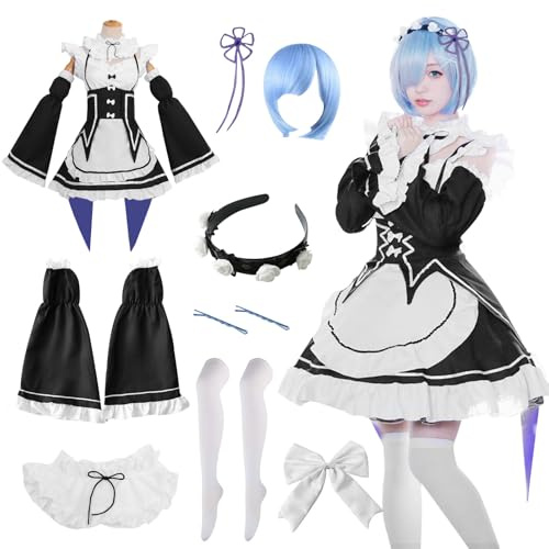 YushengTai Maid Dress Bianco e Nero, Abito Rem Cosplay, Costume Anime Classico, Abito Cosplay con Parrucca Blu, Costume Carnevale Donna, per Natale, Halloween, Carnevale, Festa a Tema (L)