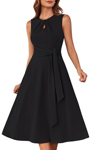 GRACE KARIN Damen A-Linien-Midikleid Ärmelloses Rundhalskleid mit Gürteltaschen Party Club Alltag Arbeit Hochzeit