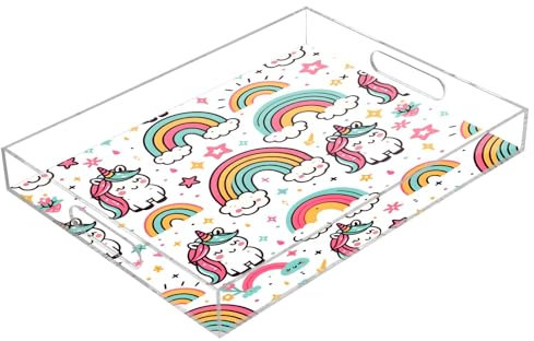 Cute Pattern with Rainbow and Unicorns Acrylic Serving Trays, Clear Rectangular Tray with Handles Serving Platter for Coffee Table Kitchen Bathroom
