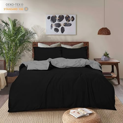 REHAN & CO Double Duvet Cover Sets – Soft Brushed Microfiber Bedding – Reversible Quilt Cover With Pillow Cases (Grey/Black)