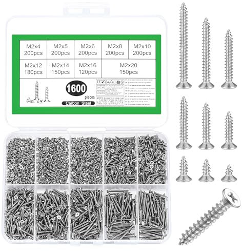 1600 Pcs M2 Tornillos para Madera, Tornillos Madera, Tornillos Autorroscantes, Tornillos Autoperforantes, Tornillos de Cabeza Plana Cruzada, Tornillos de Cabeza Avellanada para Suelo Madera(Plata)