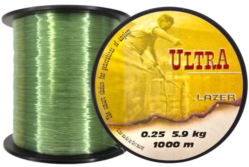 LAZER LINE Ultra Monofil Angelschnur 1000m DIA0,25mm Test 5,9kg Grün Schnur | Karpfen Hecht Zander Angel - Spinner Angeln - Grundangeln - Monofilament Angelsehne - Nylonfaden Vorfach – Vorfachschnur