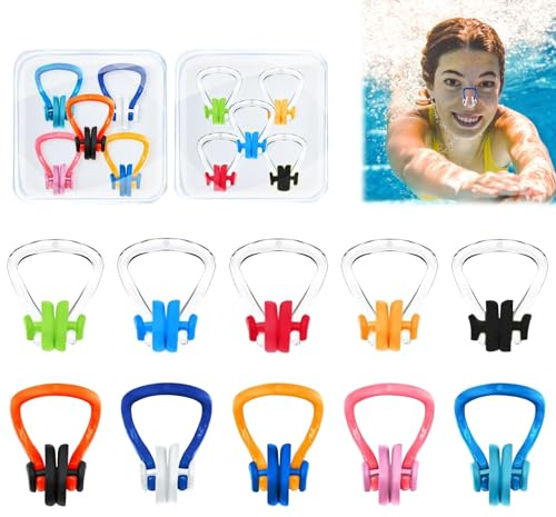 Nasenklammer Schwimmen 10 PCS Kinder Anti-Rutsch Nasenklammer für Kinder (ab 7 Jahren) und Erwachsene Geeignet mit Aufbewahrungsbox Mehrfarbig
