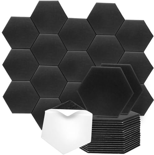 QWORK® 18 Pack Self-adhesive Acoustic Panels, 12x10x0.4 Black Hexagon Soundproofing Panels, High Density Sound Proof Foam Panels, for Studio & Office