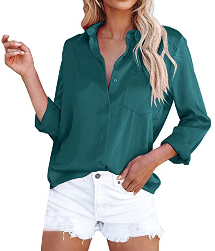 Blusa de seda para mujer, manga larga, satén, elegante, cuello de pico, camisas, túnica, blusa con botones, camiseta de manga larga, monocolor, blusa de gasa, manga larga, blusas de satén