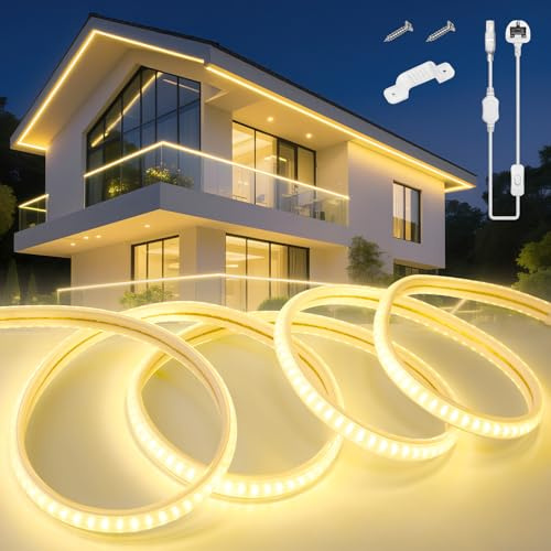 KSIBNW LED Strip Light 5M Waterproof Outdoor Garden, 220V 240V Neon Outside LED Light Strips Cuttable Rope Lights Flexible Neon Rope for Kitchen Cupboard Decking Outdoor Indoor Decor, Warm White