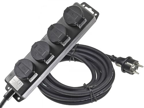 4-vägs grenuttag för utomhusbruk med 4 jordade uttag, gångjärnsförsett lock, 10m kabel, IP44 multiuttag för inomhus- och utomhusbruk, 230V 16A, svart