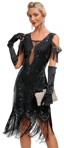 VILOREE Elegante Vestido de mujer con lentejuelas sin tirantes, para baile, ajustado, para el baile de salón, ropa de club con borlas, vestido con flecos, Negro , S