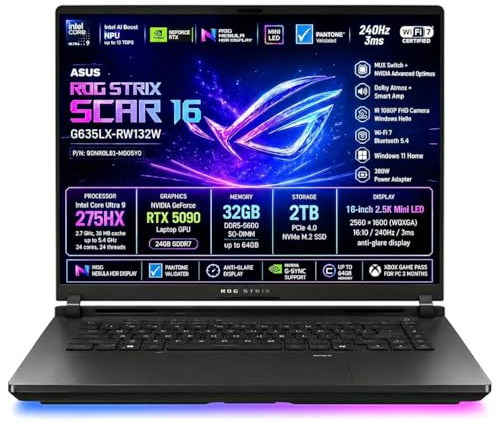 ASUS ROG Strix SCAR 16 G635LX-RW132W Intel Core Ultra 9 275HX Intel AI Boost NPU 32GB NVIDIA GeForce RTX 5090 SSD 2TB 16'' 2.5K WQXGA Win11 Home