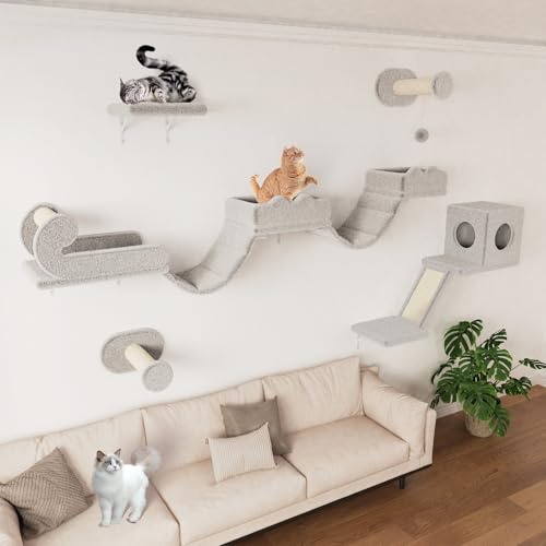 BYBYME Kletterwand Katzen Mit Langer BrüCke, Katzenregale Mit KratzbäUmen Und Katzenhaus, 5PCS Platzsparendes KlettermöBel FüR Erwachsene Katzen Und KäTzchen (Hellgrau)