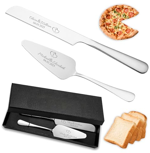 JLSKCN Tortenheber Set mit Tortenmesser und persönlicher Gravur, Hochzeitsgeschenke für Brautpaar, Persönlich gravierte Tortenbestecke für Hochzeit, Jahrestag, Geburtstag - Geschenkbox inklusive