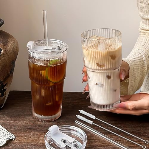 Cimvidi 2 stycken 600 ml glasmugg med lock och sugrör och borste, glasmoothie-muggar, lufttät vattentät design, kaffemugg, resemugg, iskaffemugg, dricksglas