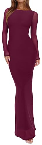 REORIA Women's Spring Mesh Sheer Long Sleeve Wedding Guest Dress Sexy Floral Bodycon Maxi Long Dresses Cordovan X-Small