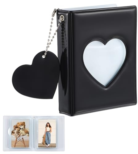 3 Inch Photocard Holder Book, 32 Pockets Mini Card Photo Card Binder with Lovely Heart Shape Pendant, Portable Photocard Album Cards Collection Organizer for Photo Cards Collection (Black)