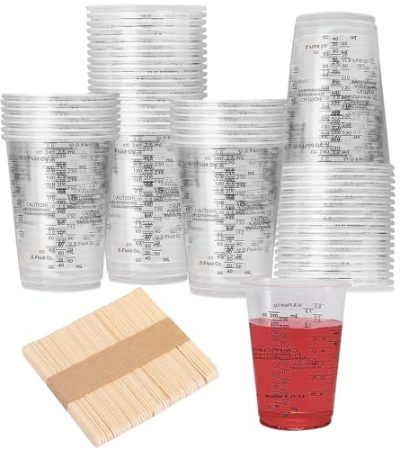 50 Stück Epoxidharz Mischbecher, 240 ml Transparent Lackmischbecher, Becher Pigment mit 50 Stück Rührstäbchen, Wiederverwendbar Lackmischbecher mit Skala Set, für Mischen von Harz, Pigment