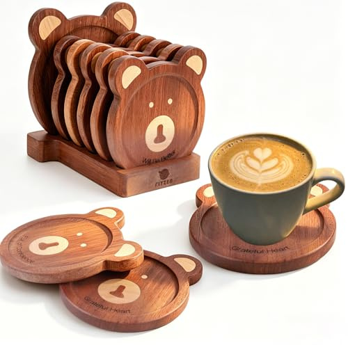 Flyzen Posavasos Oso Madera 6 uds con Soporte, incrustados a Mano, Marrón | Madera sapelly, rasgos oso haya incrustado, ligero, antideslizante, fácil guardar, reuniones hogar, regalo familiar