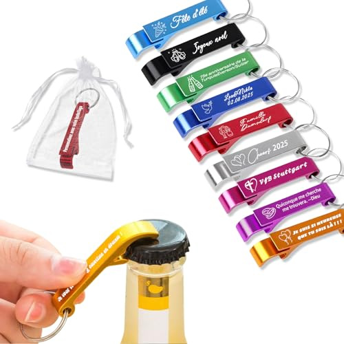 QSZ 10-100 Décapsuleur Porte Cle Personnalisé en Aluminium | Personnalisable Decapsuleur avec Texte Icônes Name Approprié Cadeaux pour Fêtes Anniversaires Mariages Activité
