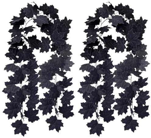 TYXHXTF 2 Stück Ahornblätter Schwarz Blätter Girlande Herbstgirlande Deko Halloween Maple Leaf Decoration für Halloween Party Fireplace