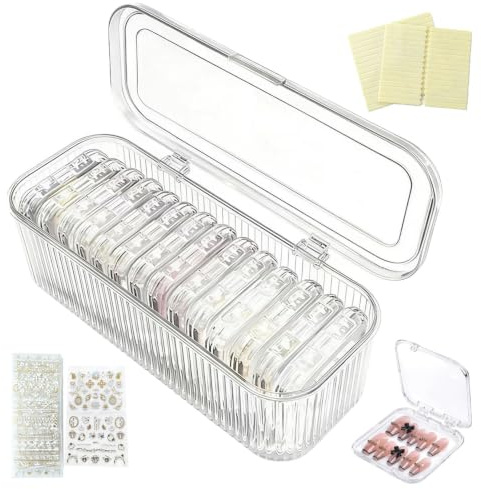 LuxTerra Organizzatore Unghie in Acrilico, Scatola per Gioielli in Acrilico | Include 30 Pezzi Adesivi 3D per Unghie, Transparent Unghie False Organizer per Unghie, Gioielli, Artigianato
