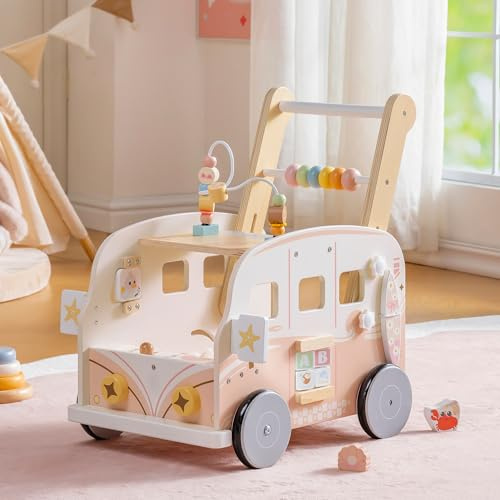 ROBOTIME Baby-gåvagn i trä, multifunktionell aktivitetsgåstol med höjdjustering och hastighetskontroll, gåva för småbarn 10–36 m (rosa sjöjungfru)