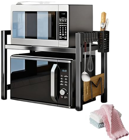 Topnewhome 2-stufiges Mikrowellenregal mit 6 Haken, Küchenablage,Schwarz | Erweiterbare Arbeitsplattenablage mit Zubehörhaltern.Ideal für Mikrowelle,Kaffeemaschine und Küchenutensilien,platzsparend