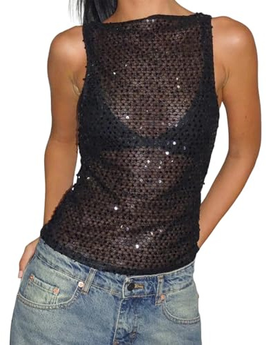 Felcia Damen Y2k Sparkly Sheer Crop Top Sexy Ärmellos Slim Fit Tank Tops Stilvolle Party Disco Pailletten Shirts Clubwear