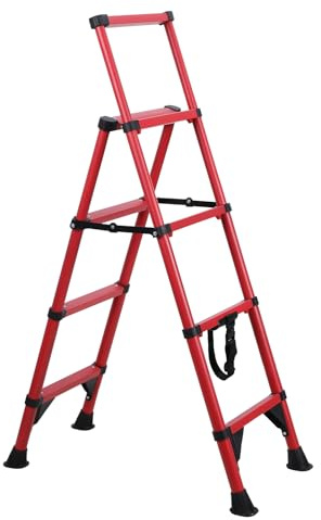 Escabeau Télescopique en Aluminium, Escabeau 4 Marches Pliable et Sécurisée avec Coussin d'air et Pieds Antidérapants, Léger (6kg) et Robuste (150kg) pour Usage Intérieur et Extérieur (Rouge-A)