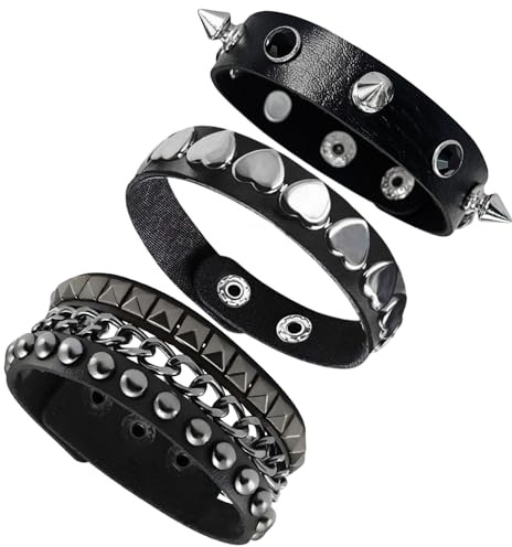 arrderly Set di 3 braccialetti in pelle punk rock, braccialetto borchiato, catena vintage anni '80, accessori gotici per abiti rocker emo y2k punk gioielli
