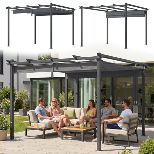STEELSØN Xyriela Pergola 4x3m mit Schiebedach – freistehende Terrassenüberdachung aus Stahl – Gartenpavillon für Terrasse & Grill – wetterfester Grillpavillon als Sonnen-/Sichtschutz – anthrazit/grau