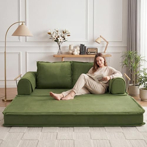 Vipbear 4-in-1 Schlafsofa Grün, Modernes Bodensofa aus Cord 200cm, Faltbares Gästebett, Ergonomisches Sofa ohne Gestell, Krallenfester Waschbarer Bezug, Boneless Couch für Wohnzimmer & Gaming