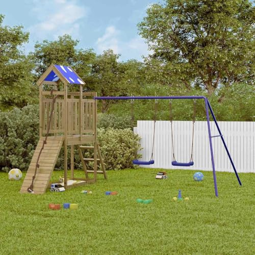 Spielturm aus imprägniertem Kiefernholz mit Schaukel, Klettergerüst, Sandkasten, Rutsche und Wippe, wetterfestes Stelzenhaus für Kinder im Garten