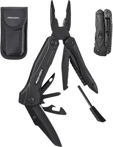 Roxon CM1349 SPARK Alicates multiherramienta, 14 en 1 multiherramientas plegables, multipropósito al aire libre supervivencia portátil multiherramientas