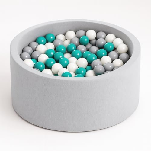 Angelove Piscina de Bolas Ø 90 × 30 cm con 200 Bolas - Piscina Redonda de Espuma con Funda Extraíble, Gris Claro: Turquesa/Gris/Blanco