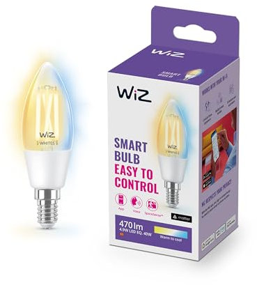 WiZ Smart Bulb, White E14 Candle LED Bulb 40W, Warm to Cool White Light, Connected WiFi Works with Alexa, Google Asst & HomeKit, App Control for Livingroom, Bedroom with Circadian Rhythm Lighting