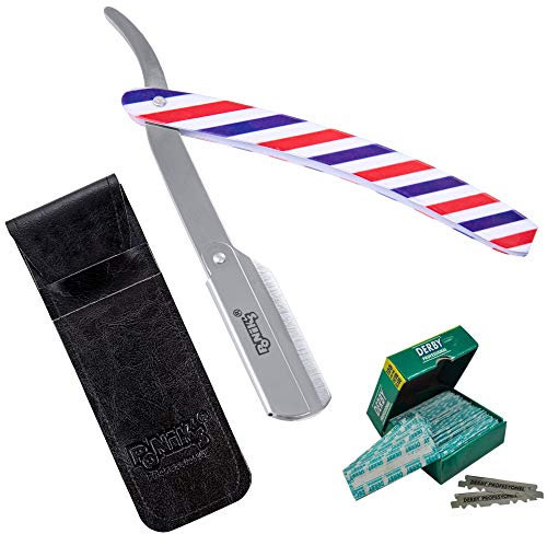 PONIK'S PROFESSIONAL - Klassisches Rasier Set Herren, Transporttasche, Rasiermesser-Set mit 100 Derby Wechselklingen, hochwertiges Edelstahl, Barbier Messer für eine präzise Bart-Rasur, Mehrfarbig
