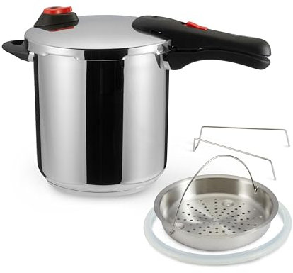 Amazon Basics Olla a presión de Acero inoxidable con vaporera y anillo de silicona extra, 9 litros