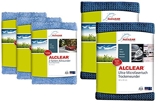 ALCLEAR 3er Set Auto Microfasertücher Poliertücher 2-Seiten-Allrounder Premium ohne Hologramme, 40x40 cm blau & Auto Microfasertuch Trockenwunder für Autopflege, 2er Set, Autolack, 60x40 cm blau