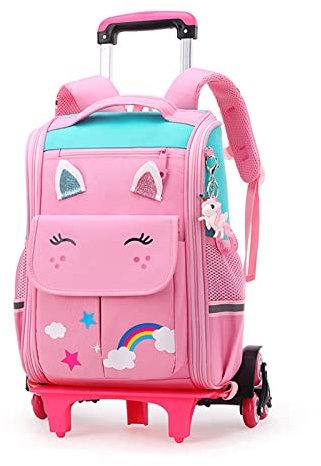 Tanou Trolley Rucksack mit 6 Rollen, 16 Zoll Leichte Schulranzen mit Rollen für Mädchen in der Grundschule, Abnehmbare Schulrucksack Trolley für Schule Reisen, 1-3 Klasse, Rosa